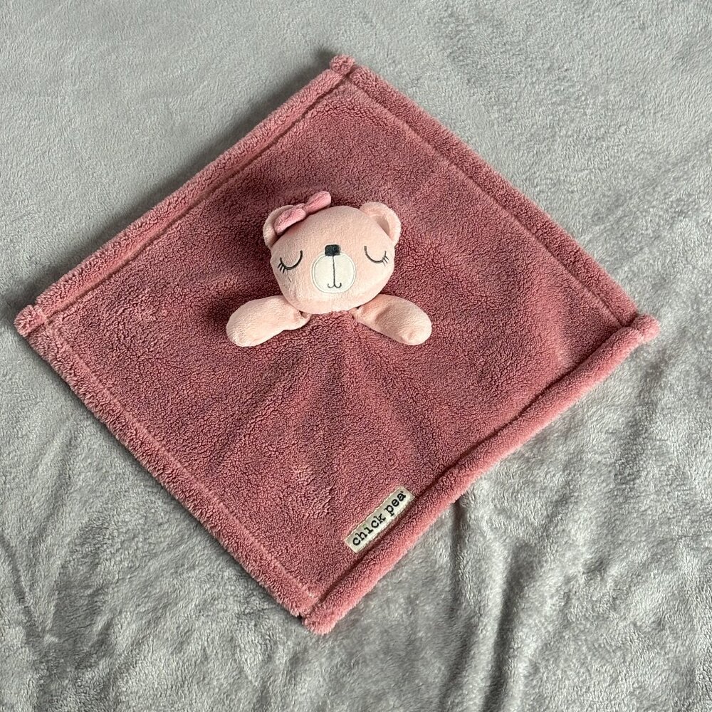Chick Pea Lovey Toy Pink Mauve Sleeping Bear Pink Bow Soft Baby Security Blanket